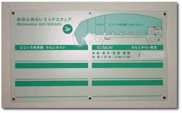 商業施設の案内板、透明マット調のアクリルにシート加工をはってあります。